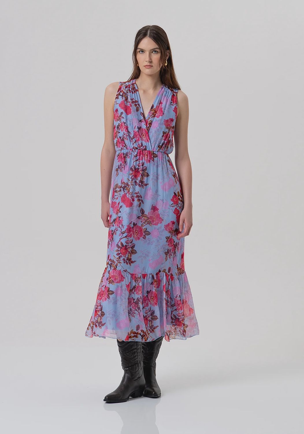 Printed maxi dress light blue and red