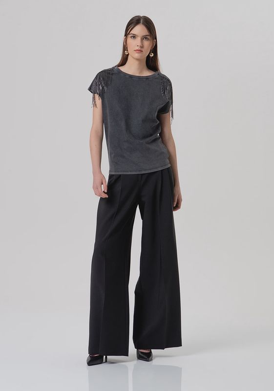 T-shirt with rhinestone detail in faded black