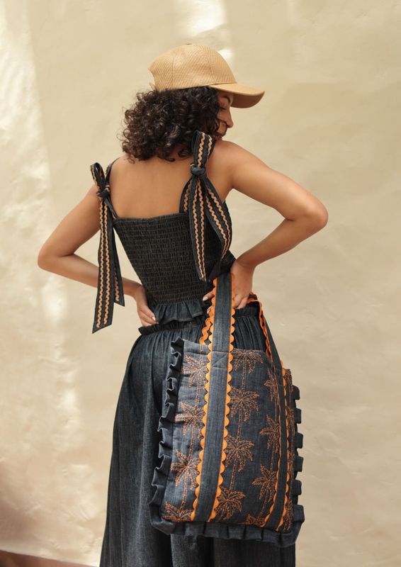 Denim embroidered tote bag