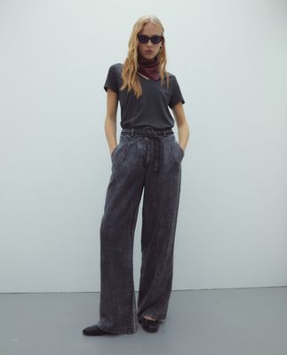 Grey high waisted wide leg tencel trousers