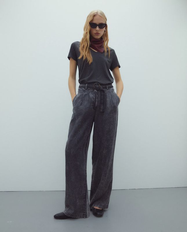 Grey high waisted wide leg tencel trousers