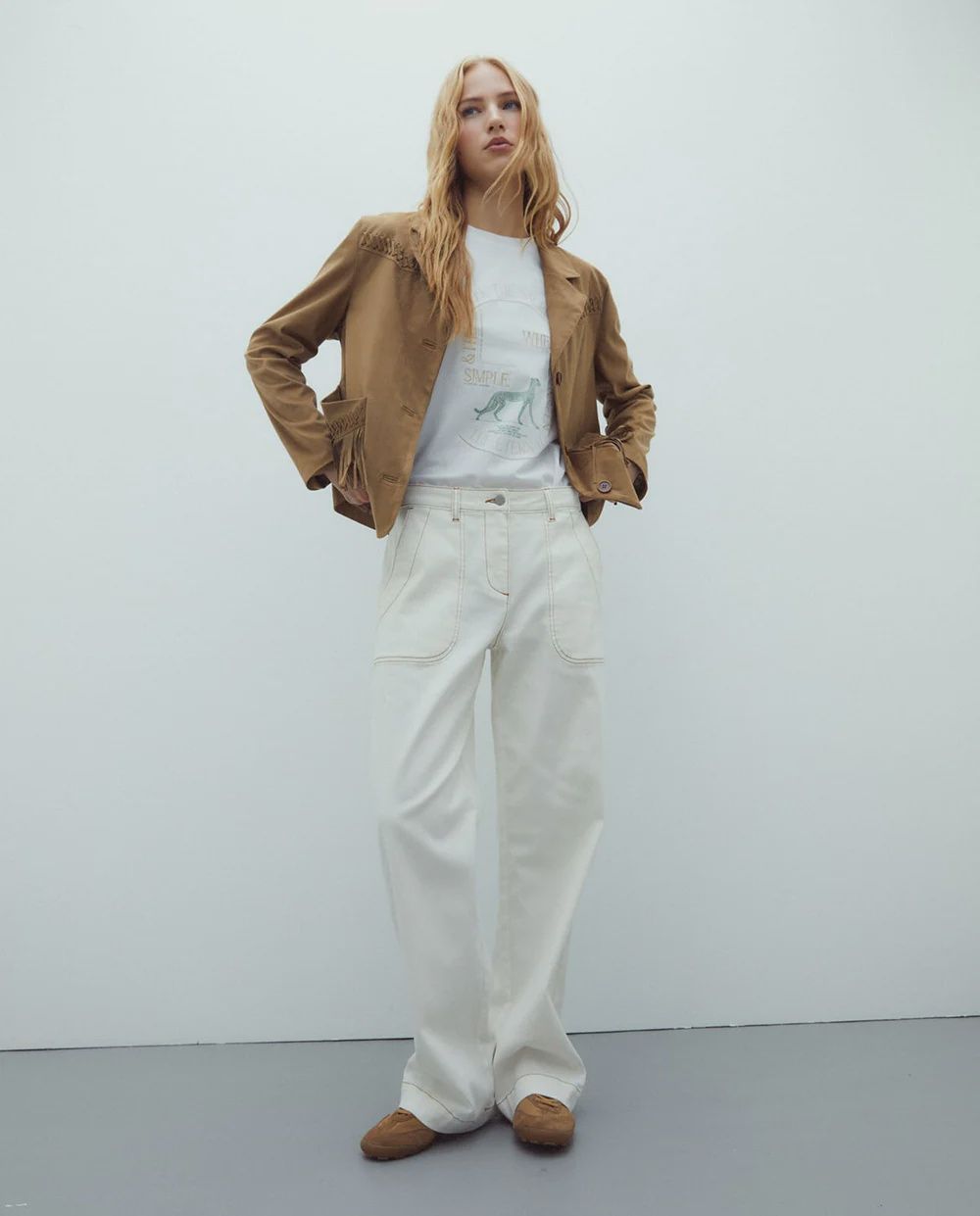 Cream wide leg denim jeans