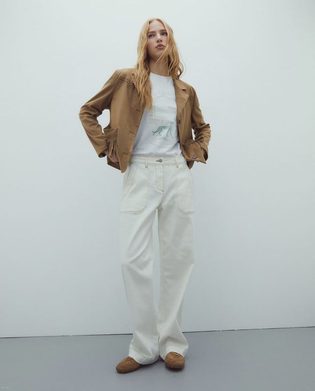 Cream wide leg denim jeans