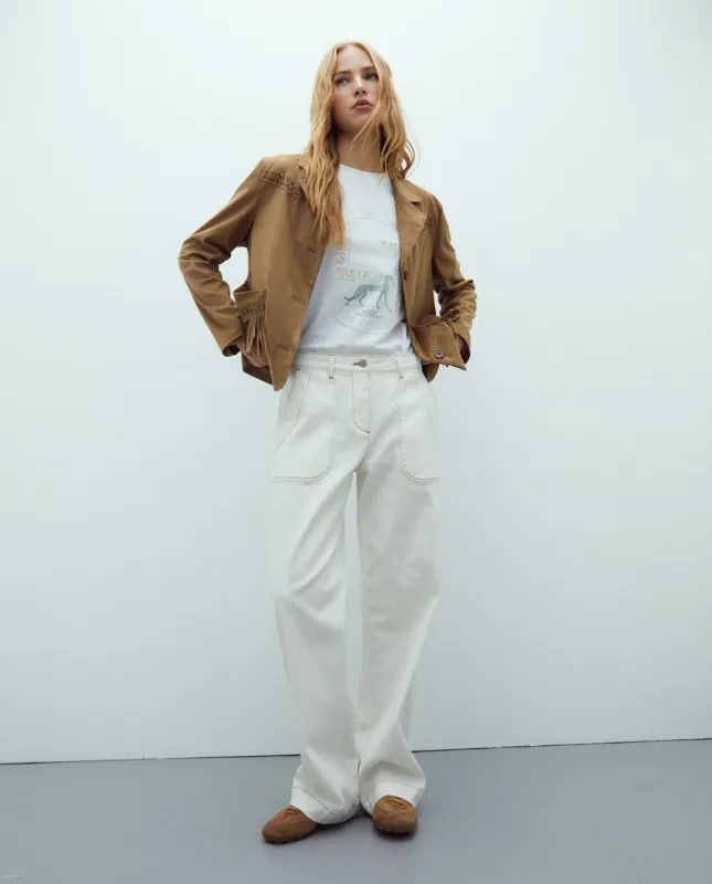 Cream wide leg denim jeans