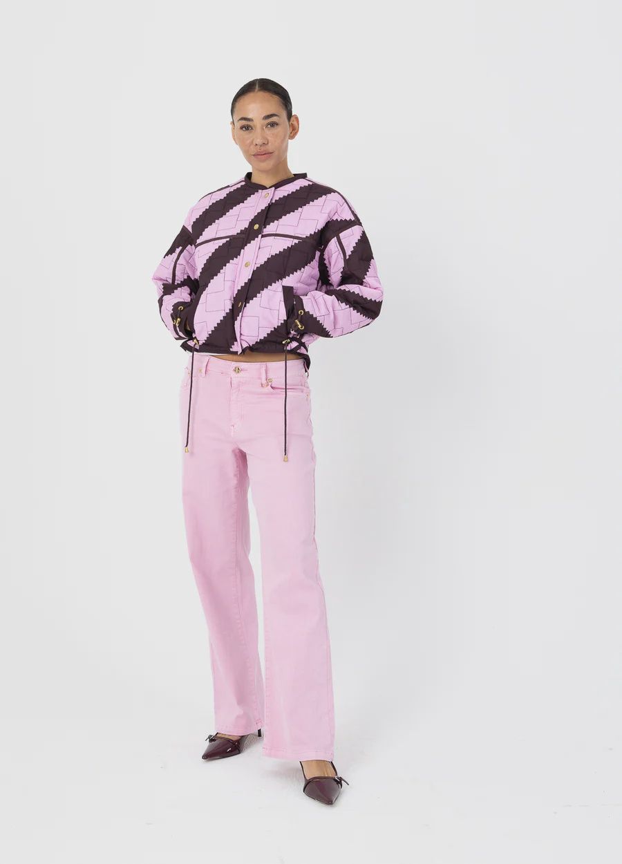 Zig zag bomber jacket in brown and pink