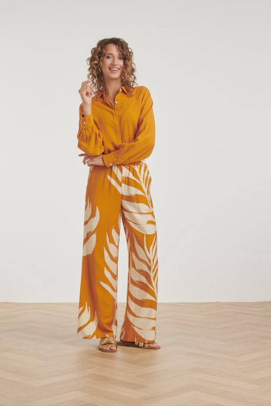 Wide Trousers with Botanical Leaf Print mustard yellow and cream