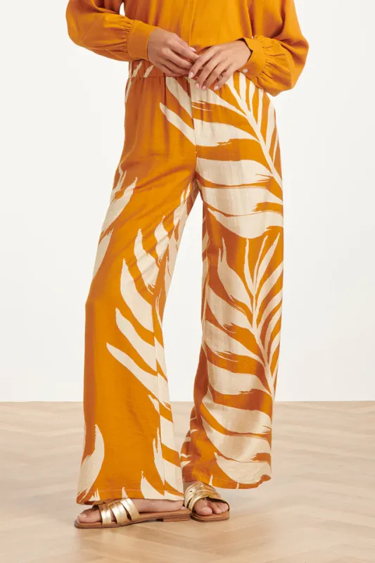 Wide Trousers with Botanical Leaf Print mustard yellow and cream