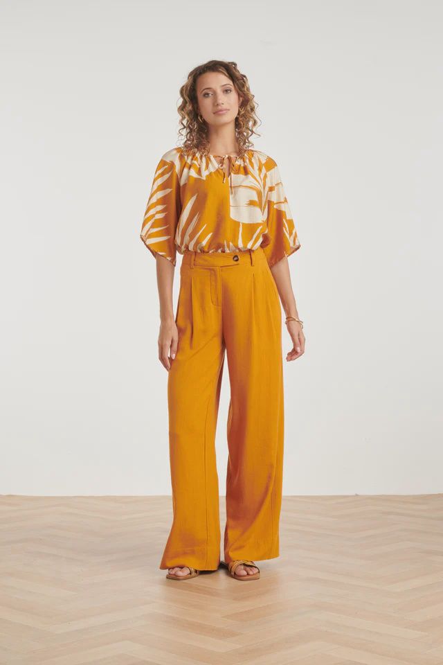 Tunic Top with Leaf Print in mustard yellow and cream