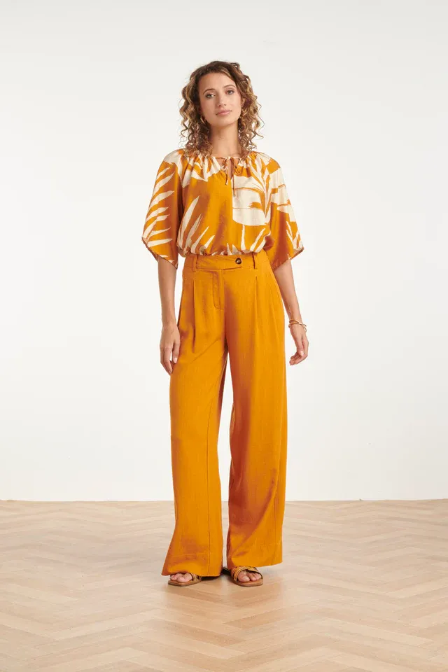 Tunic Top with Leaf Print in mustard yellow and cream