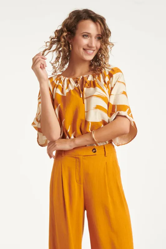 Tunic Top with Leaf Print in mustard yellow and cream
