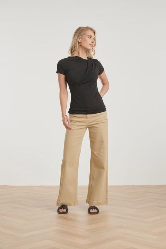 Elegant Stretch Top with Draped Neckline  Black