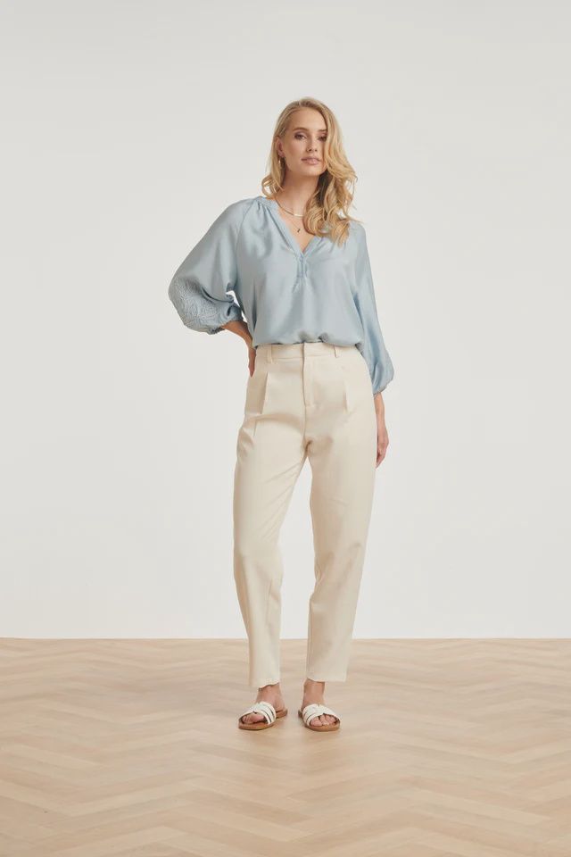 Blouse with embroidered sleeve in light blue