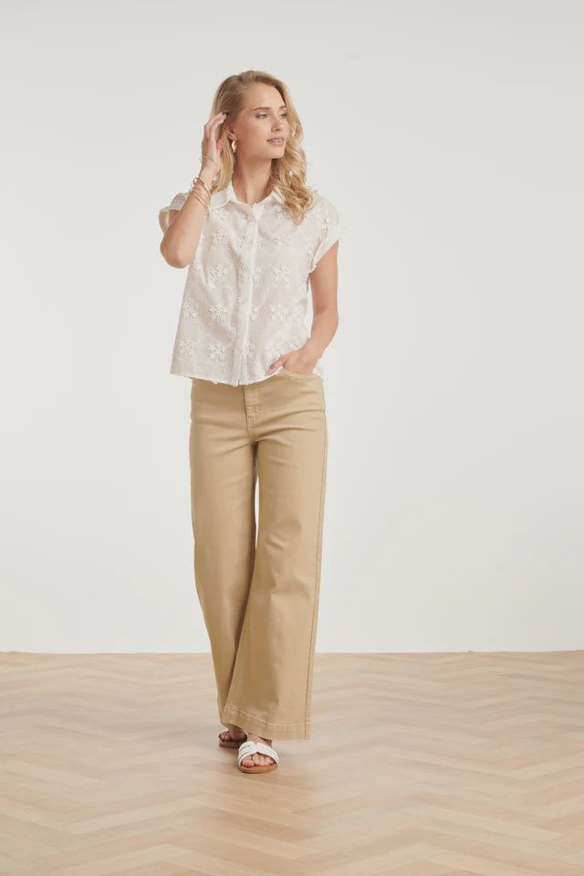 Blouse with Floral Embroidery in off white