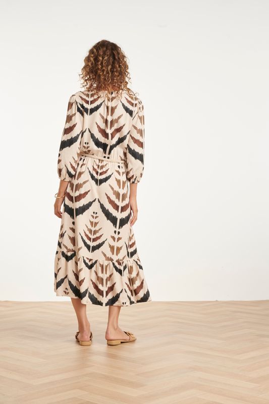 Dress with leaf print , beige with brown black detail
