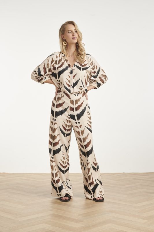 Wide leg trousers with leaf print, beige with black and brown detail