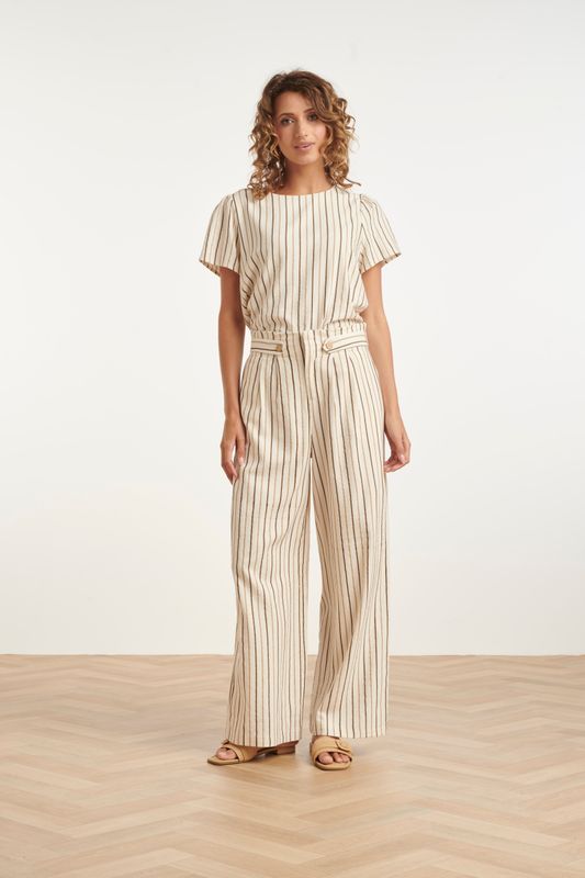 Wide leg trousers in cream, with brown pinstripe