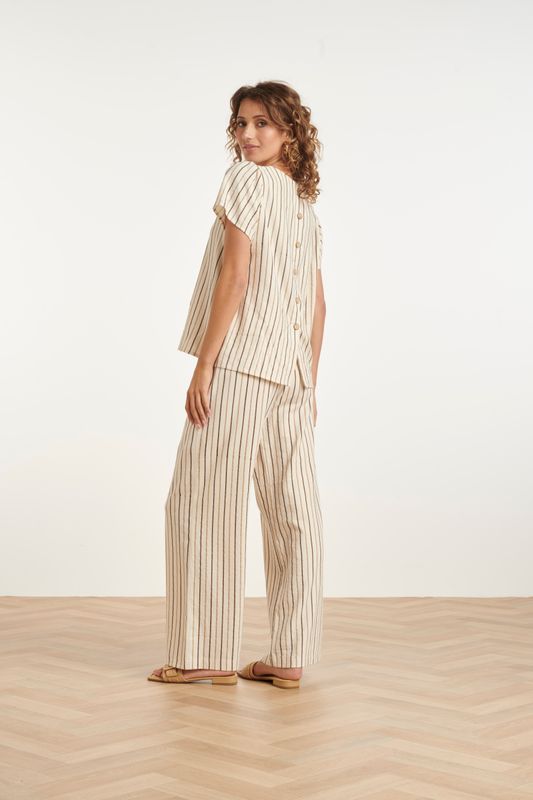 Wide leg trousers in cream, with brown pinstripe