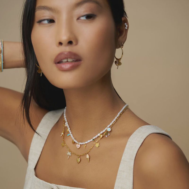 Pearl and enamel eclectic charm necklace gold