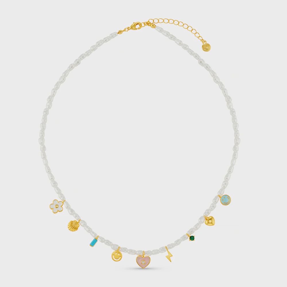Pearl and enamel eclectic charm necklace gold