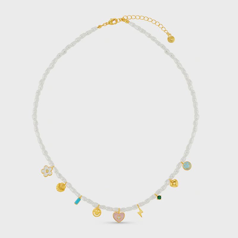 Pearl and enamel eclectic charm necklace gold