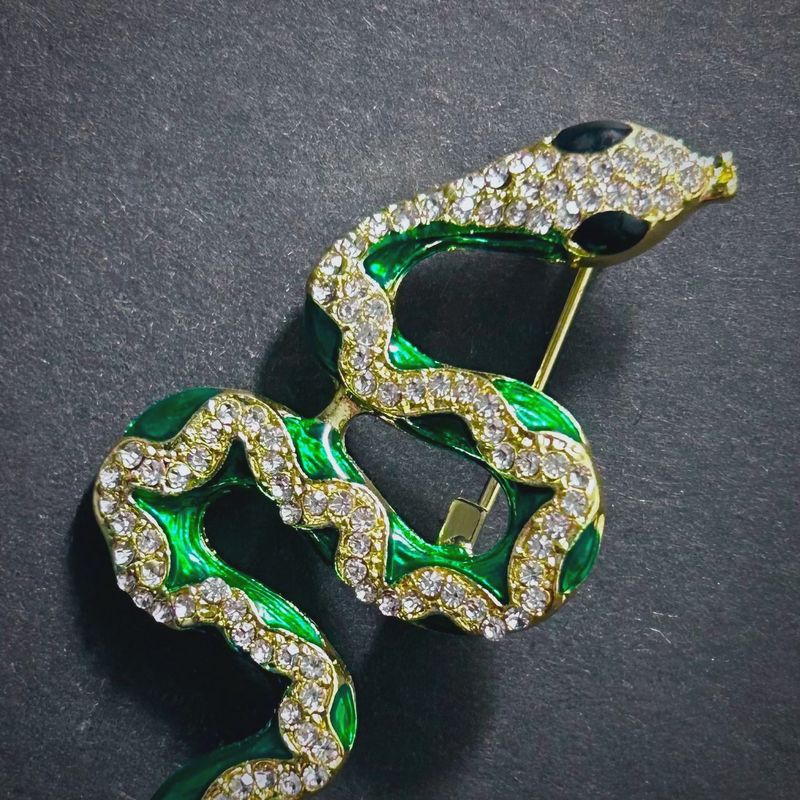 Snake green enamel &amp; rhinestone brooch