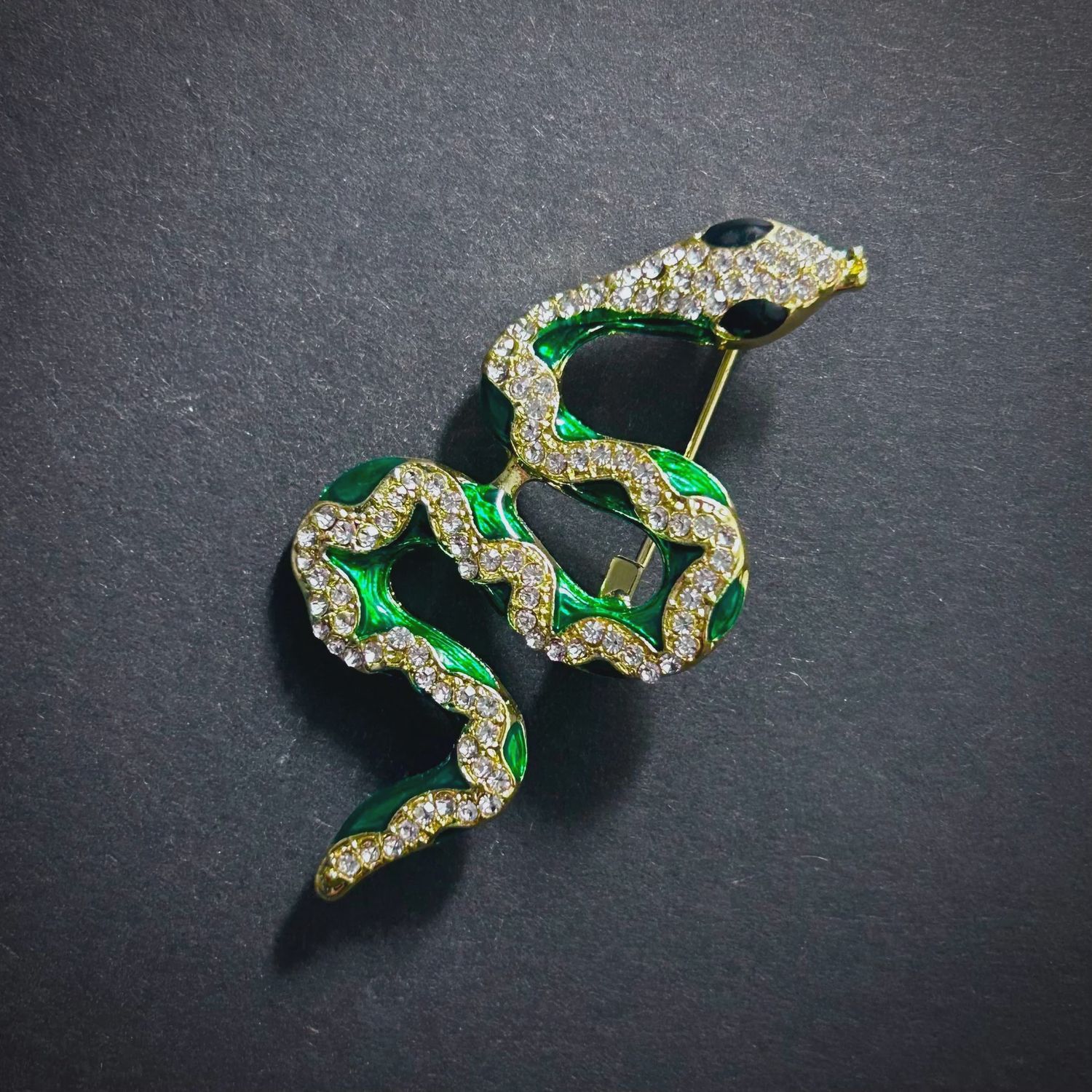 Snake green enamel &amp; rhinestone brooch
