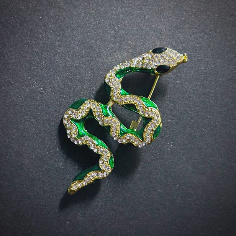 Snake green enamel &amp; rhinestone brooch