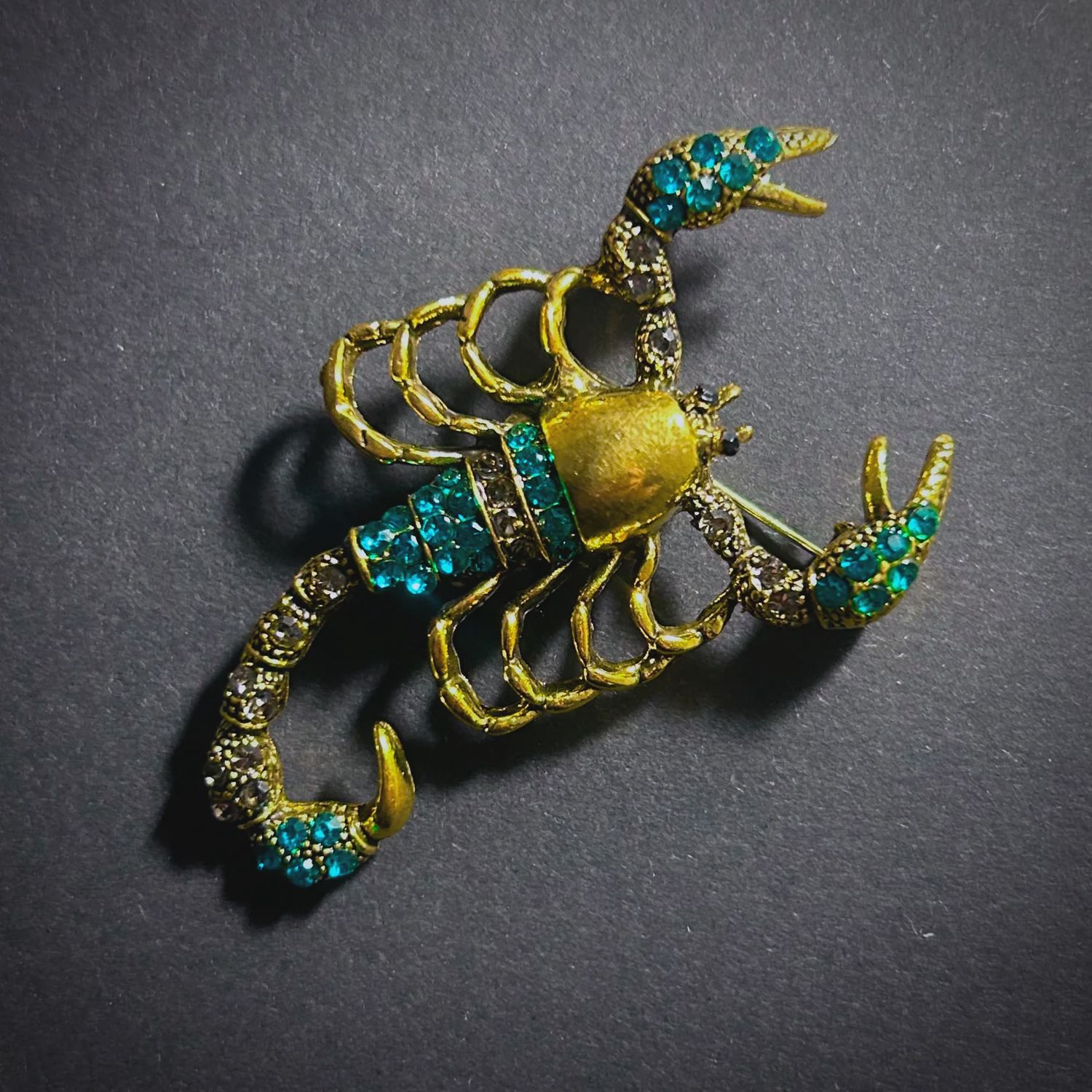 Gold Scorpion Brooch with Turquoise &amp; Clear Rhinestones