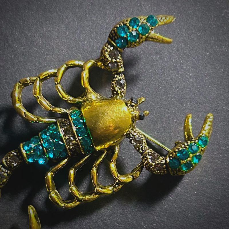 Gold Scorpion Brooch with Turquoise &amp; Clear Rhinestones