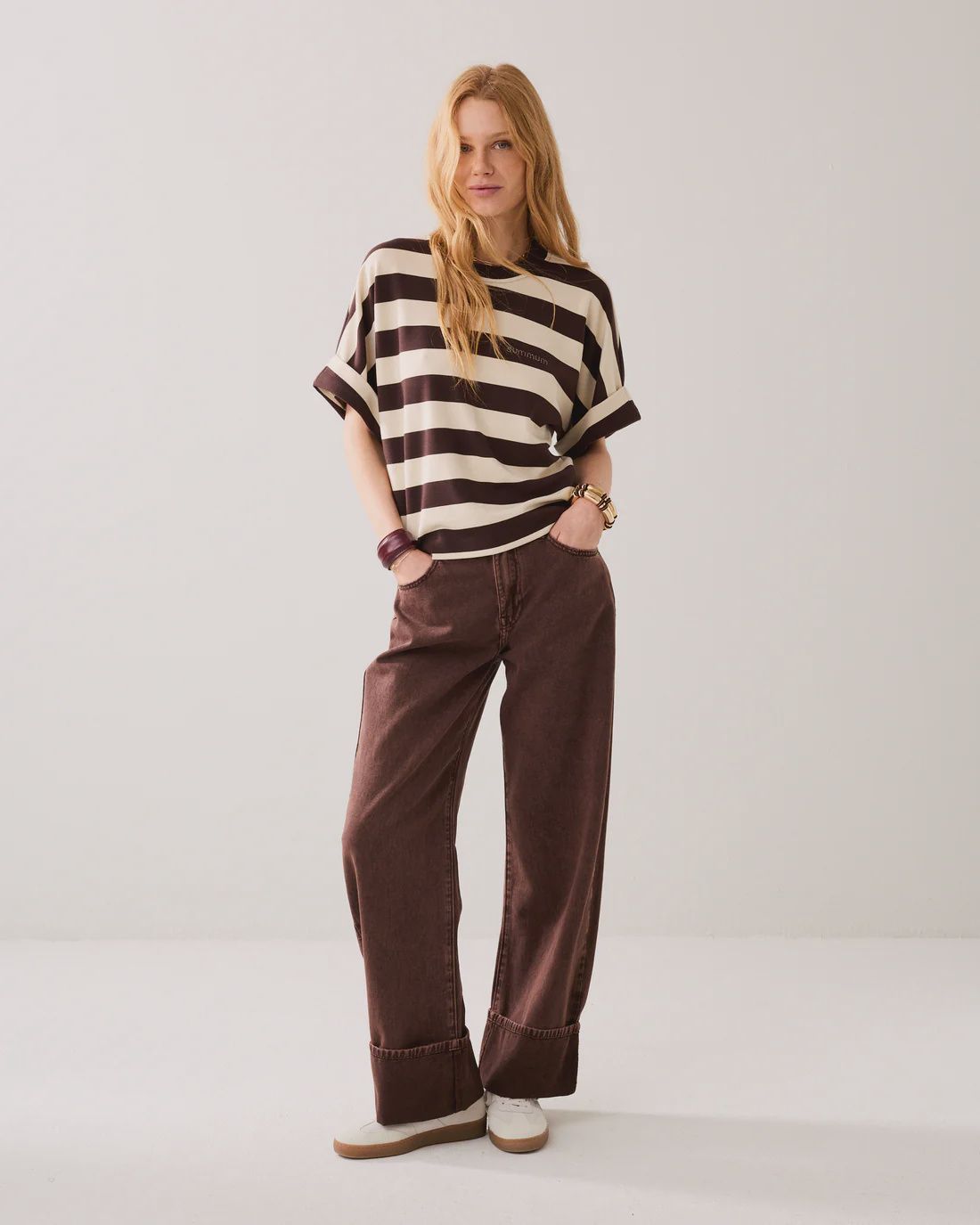 Stripe jersey top brown and cream