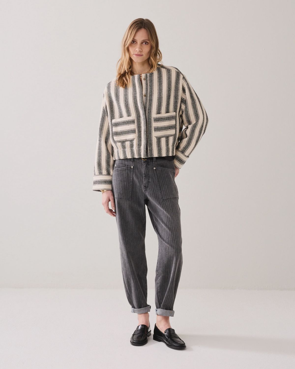 Reversible striped jacket black and cream