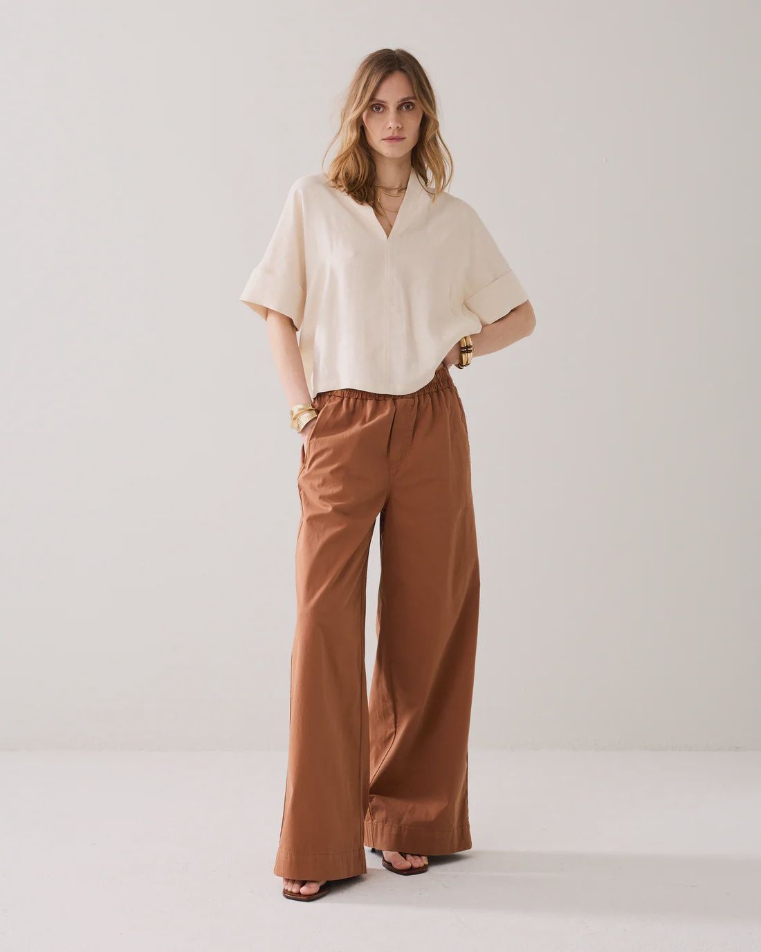 V-neck linen blend top cream