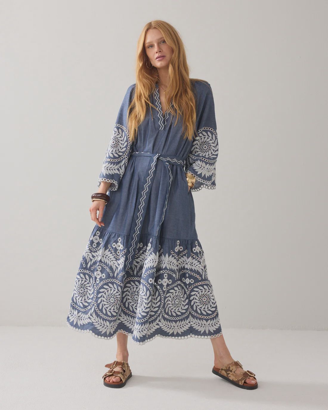 Chambray dress with embroidery detail blue