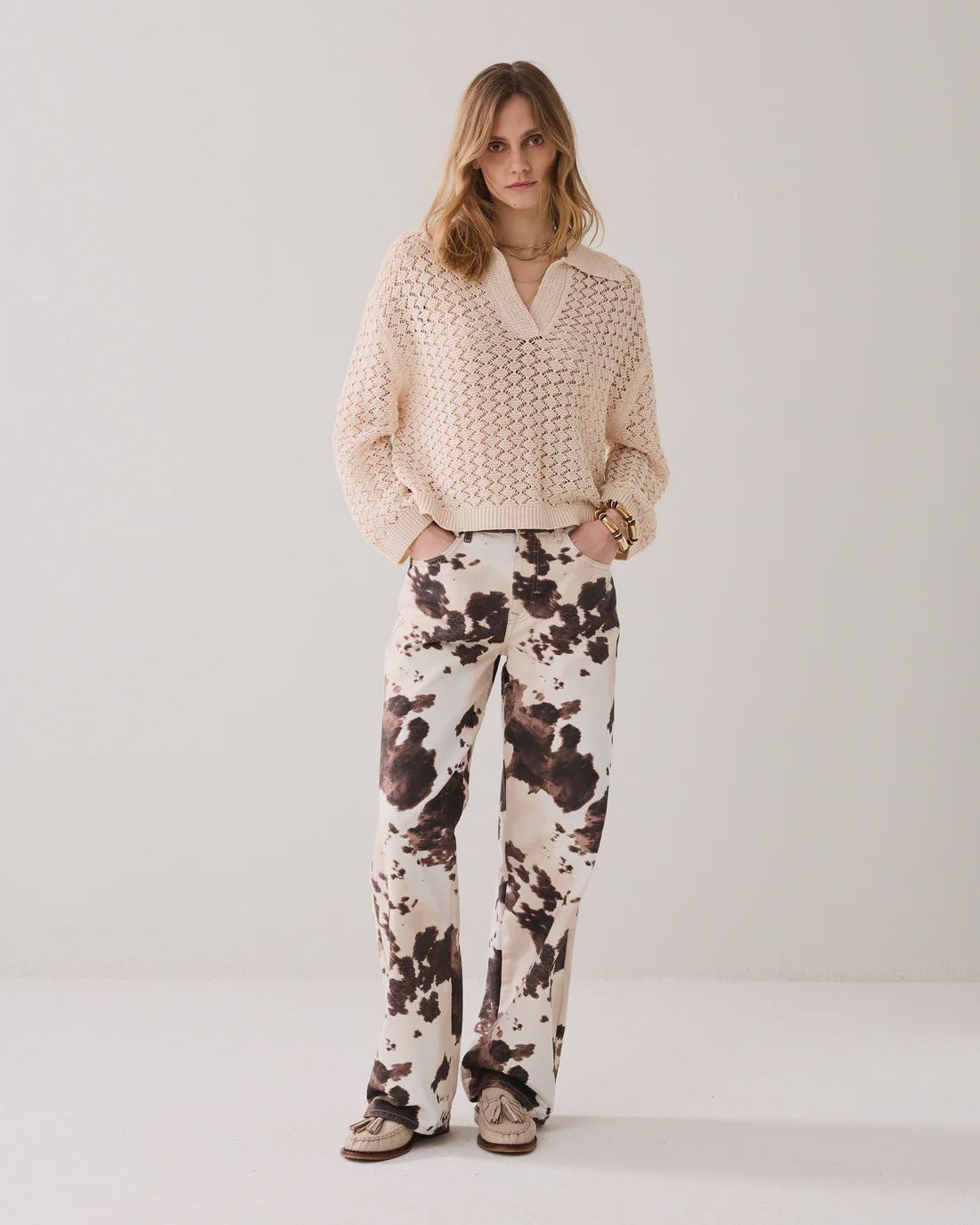 Loose fit cow print jeans