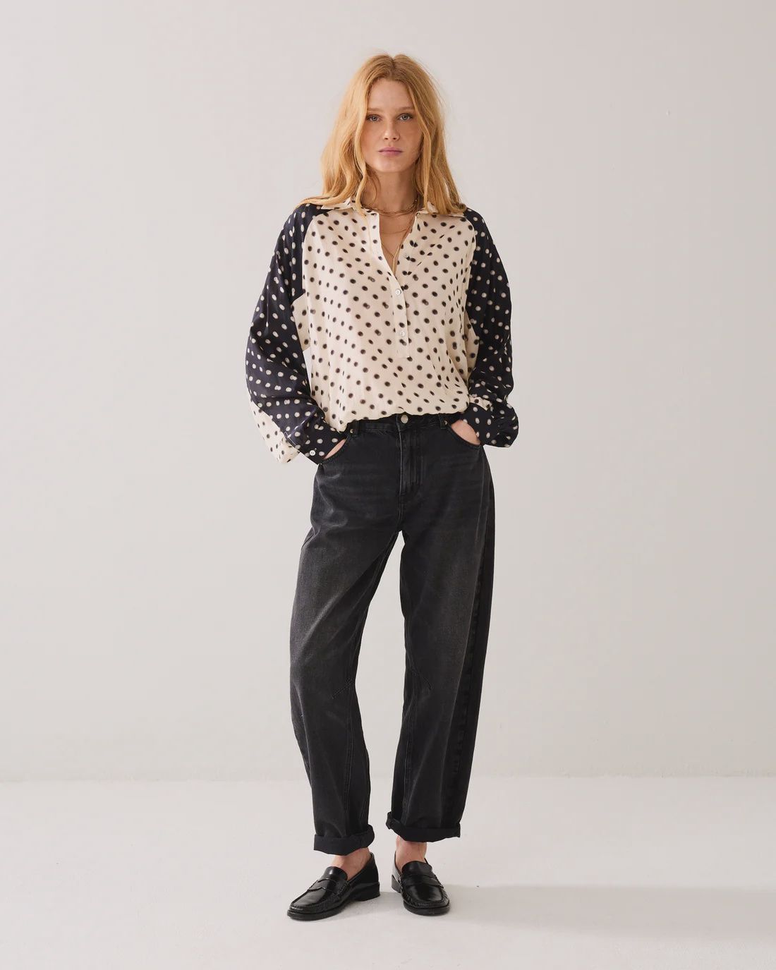 Boxy polka dot blouse cream and black