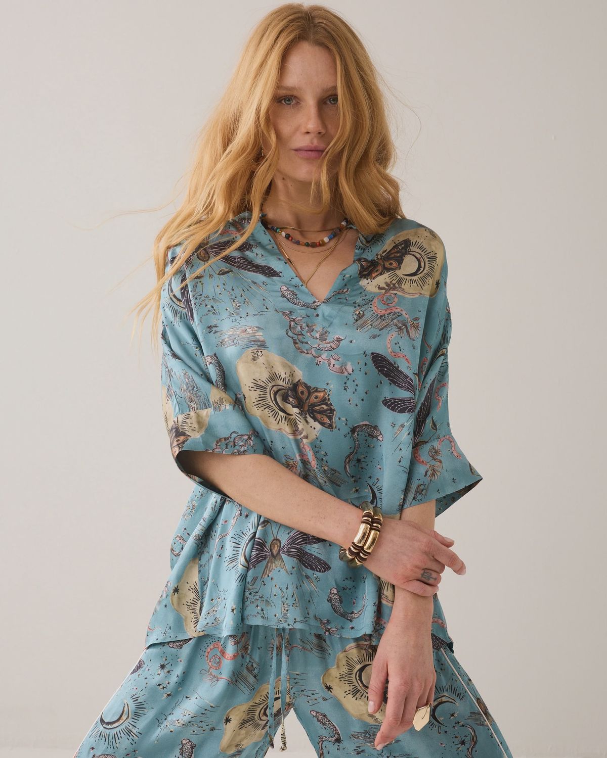 Satin printed top duck egg blue