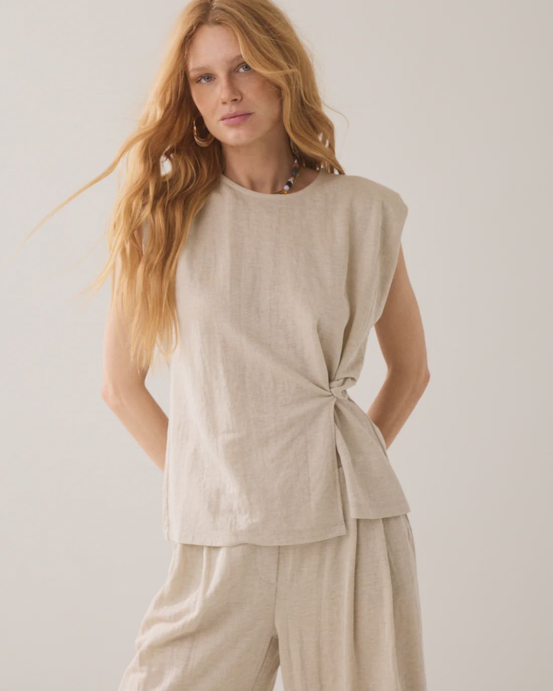 Linen look jersey top beige