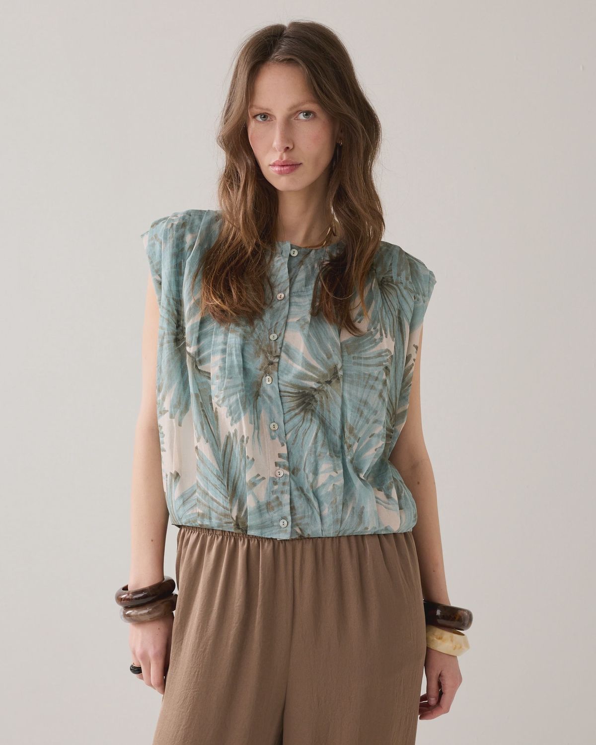 Pleated print blouse duck egg blue