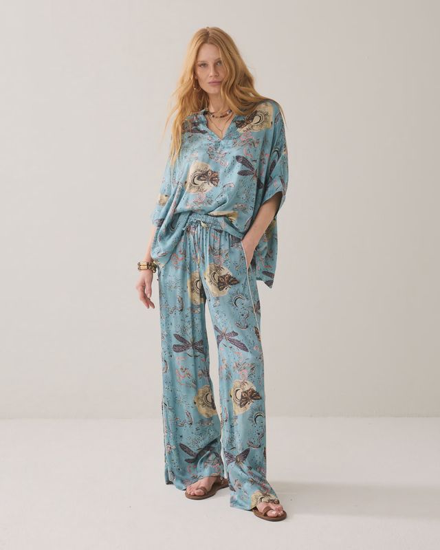 Satin wide leg printed trousers blue