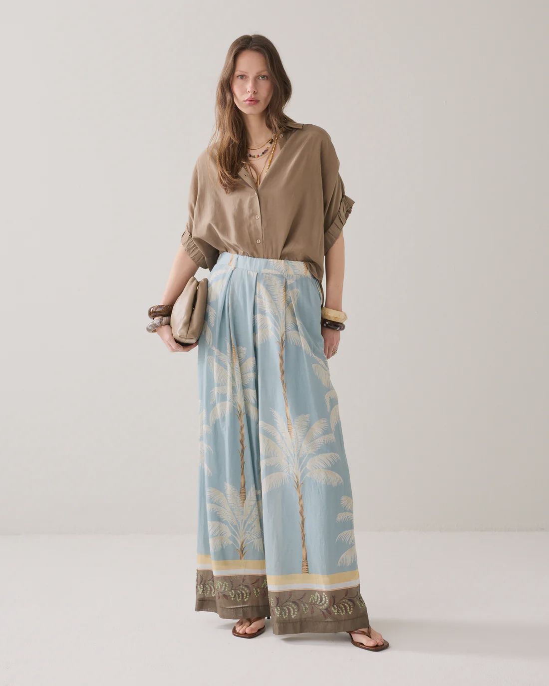 Wide leg palm printed trousers duck egg blue