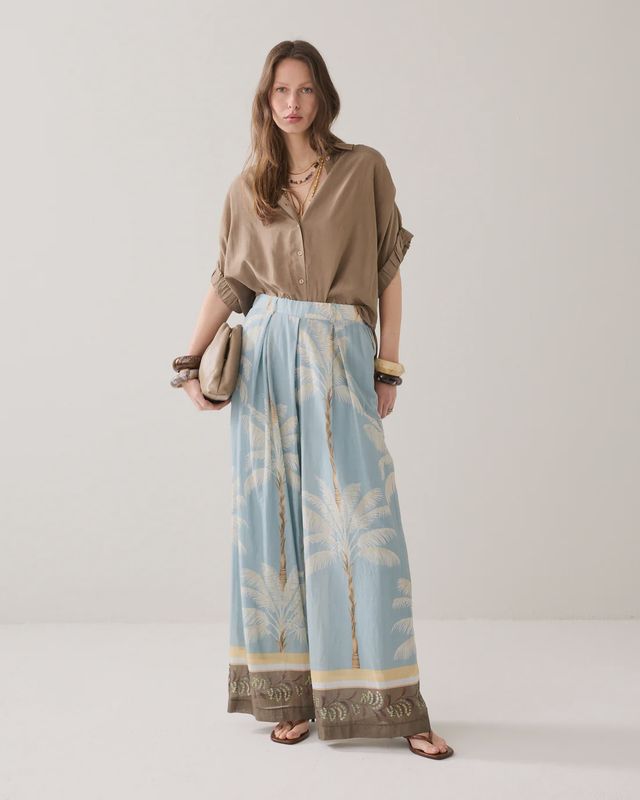 Wide leg palm printed trousers duck egg blue