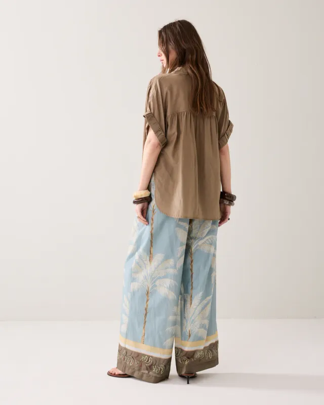 Wide leg palm printed trousers duck egg blue