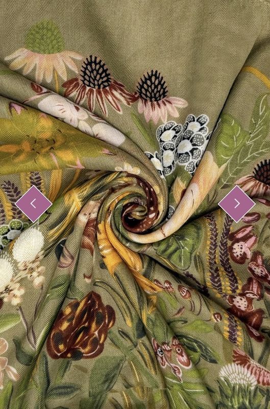 Wildflower print square scarf with tassels khaki green