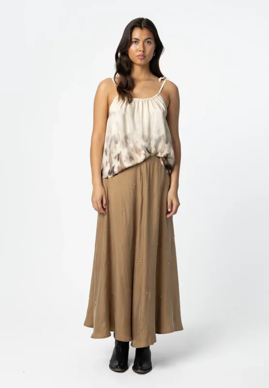 Maxi skirt with gold eyelets brown