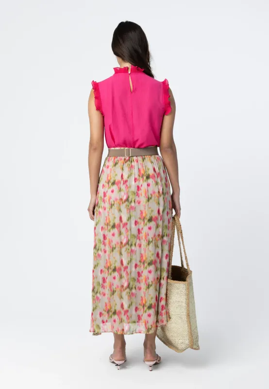 Faded floral print maxi skirt pink