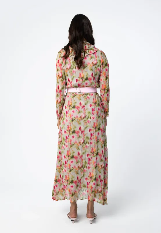 Maxi dress with ruffles in floral fade print pink