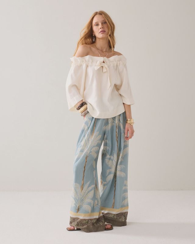 Linen blend ruffle top cream