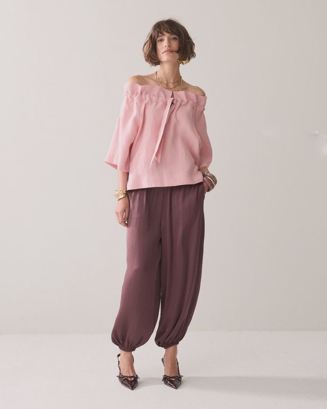 Linen blend ruffle top pink