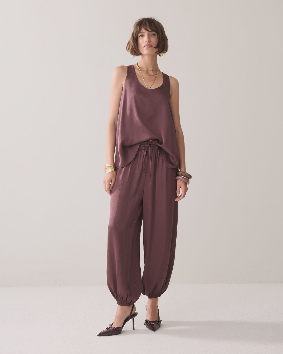 Satin harem flowy trousers deep purple