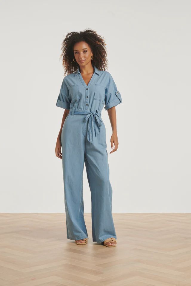 Light Blue Belted Short Sleeve Jumpsuit Denim